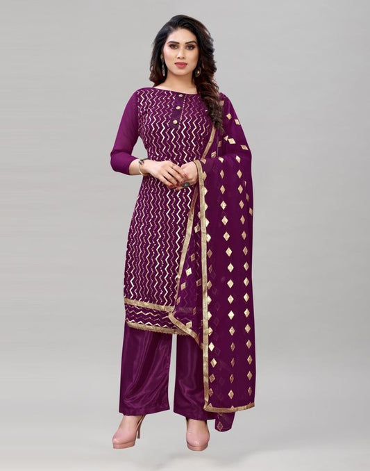 Ethereal Wine Georgette Sequence Work Unstitched Salwar Suit | Sudathi