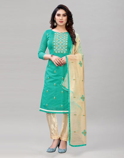 Applaudable Turquoise Blue Cotton Embroidered Unstitched Salwar Suit | Sudathi