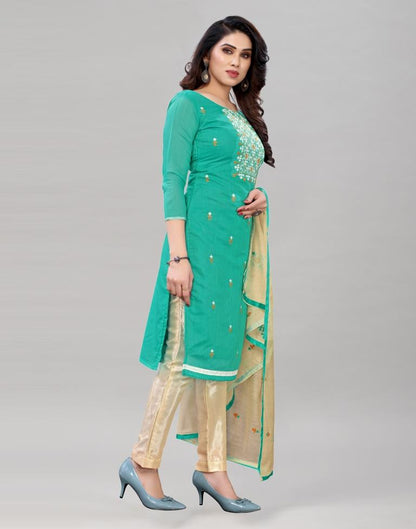 Applaudable Turquoise Blue Cotton Embroidered Unstitched Salwar Suit | Sudathi