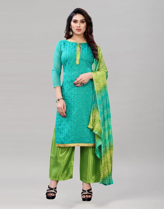 Precious Turquoise Green Cotton Embroidered Unstitched Salwar Suit | Sudathi