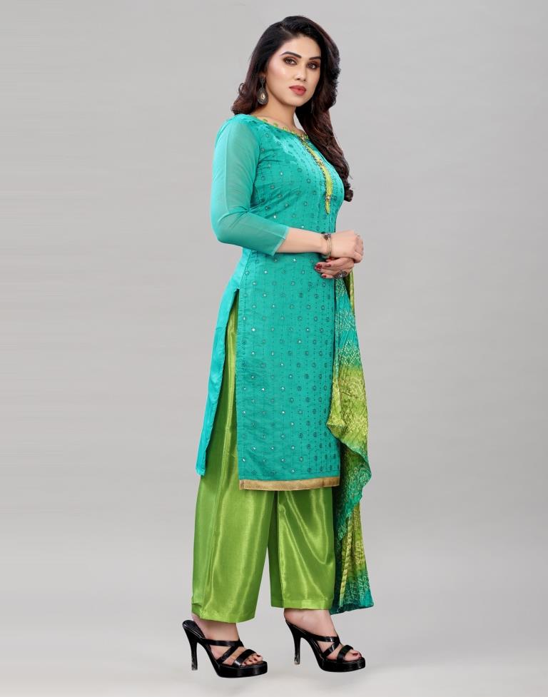 Precious Turquoise Green Cotton Embroidered Unstitched Salwar Suit | Sudathi