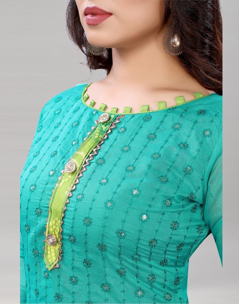 Precious Turquoise Green Cotton Embroidered Unstitched Salwar Suit | Sudathi