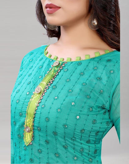 Precious Turquoise Green Cotton Embroidered Unstitched Salwar Suit | Sudathi