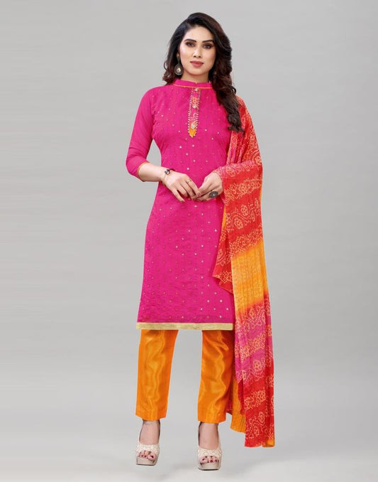 Imperial Pink Cotton Embroidered Unstitched Salwar Suit | Sudathi