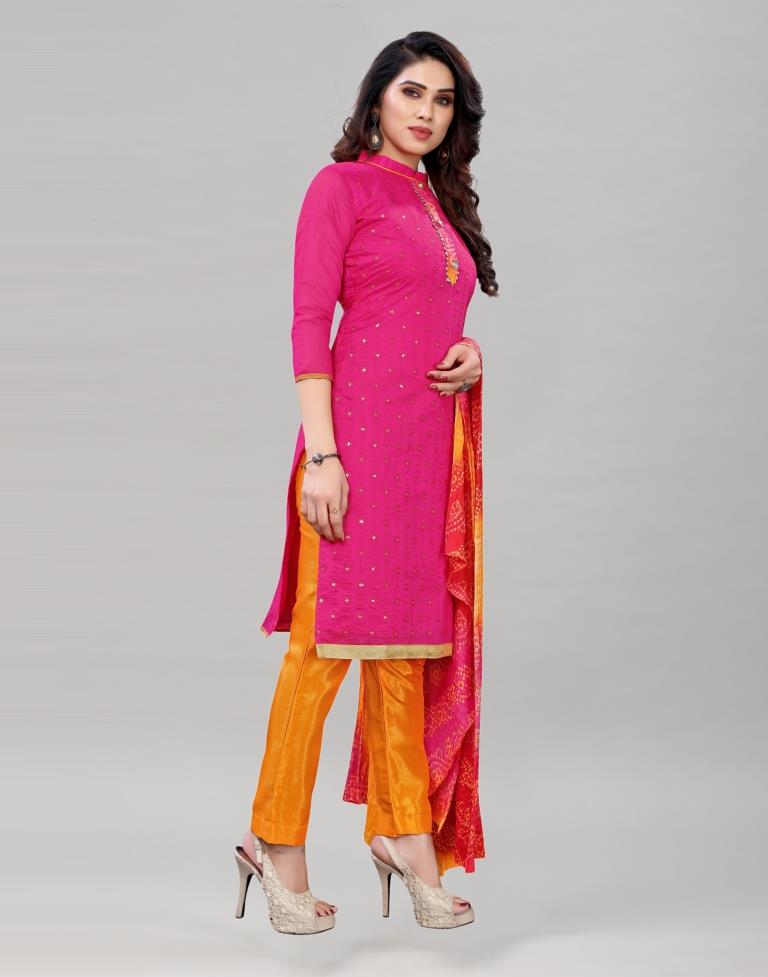 Imperial Pink Cotton Embroidered Unstitched Salwar Suit | Sudathi