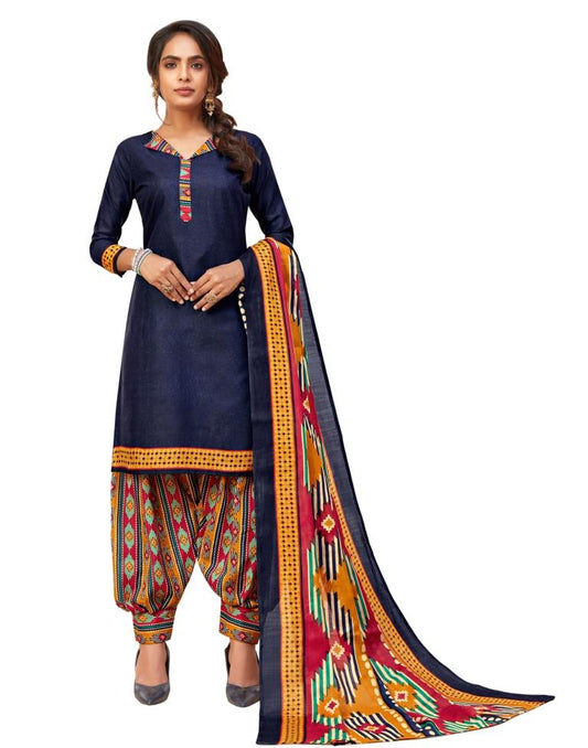 Vintage Navy Blue Cotton Printed Unstitched Salwar Suit | Sudathi