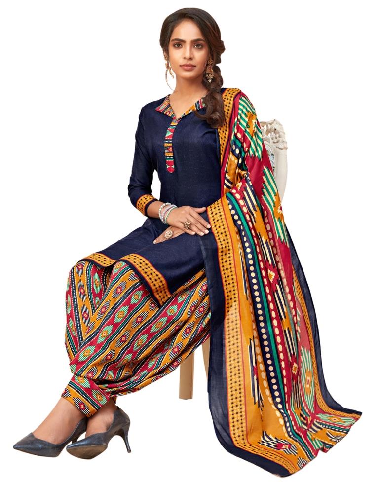 Vintage Navy Blue Cotton Printed Unstitched Salwar Suit | Sudathi