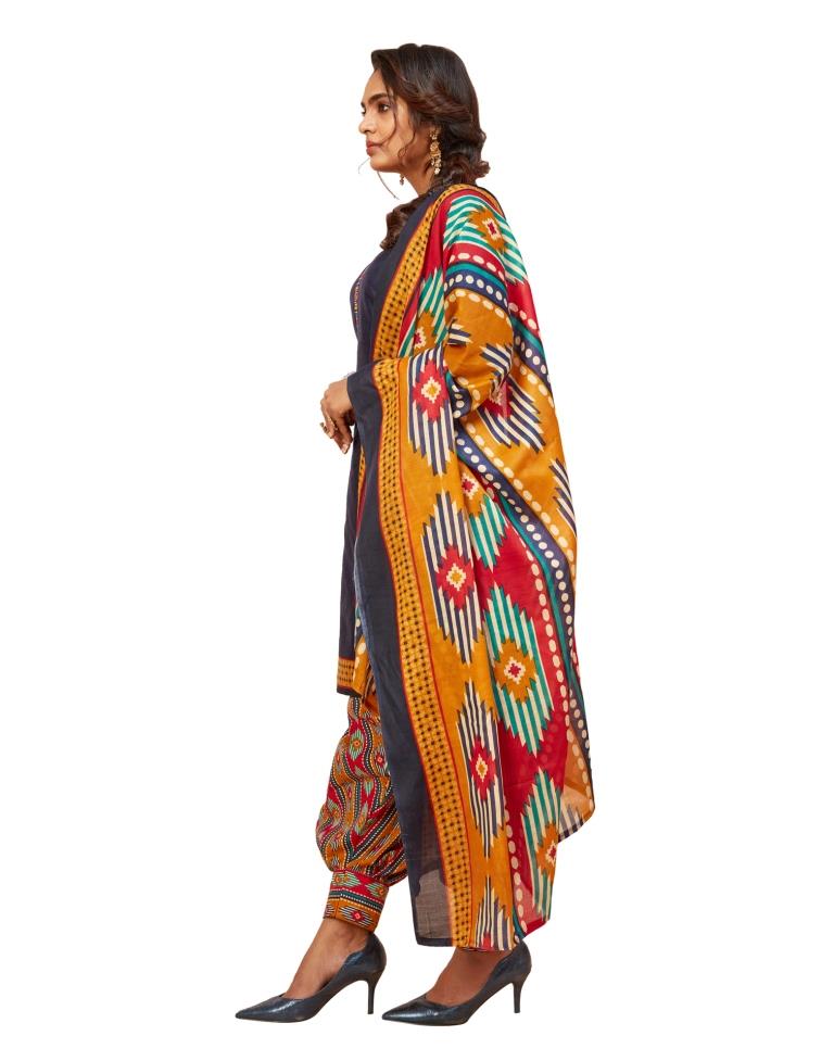 Vintage Navy Blue Cotton Printed Unstitched Salwar Suit | Sudathi