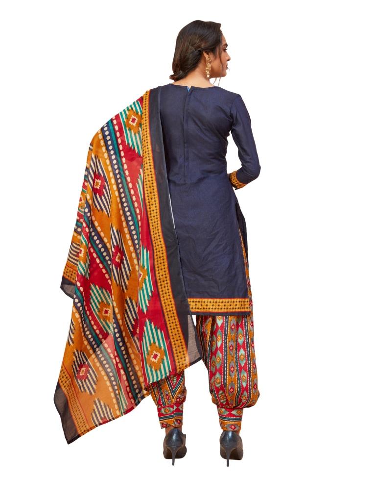 Vintage Navy Blue Cotton Printed Unstitched Salwar Suit | Sudathi