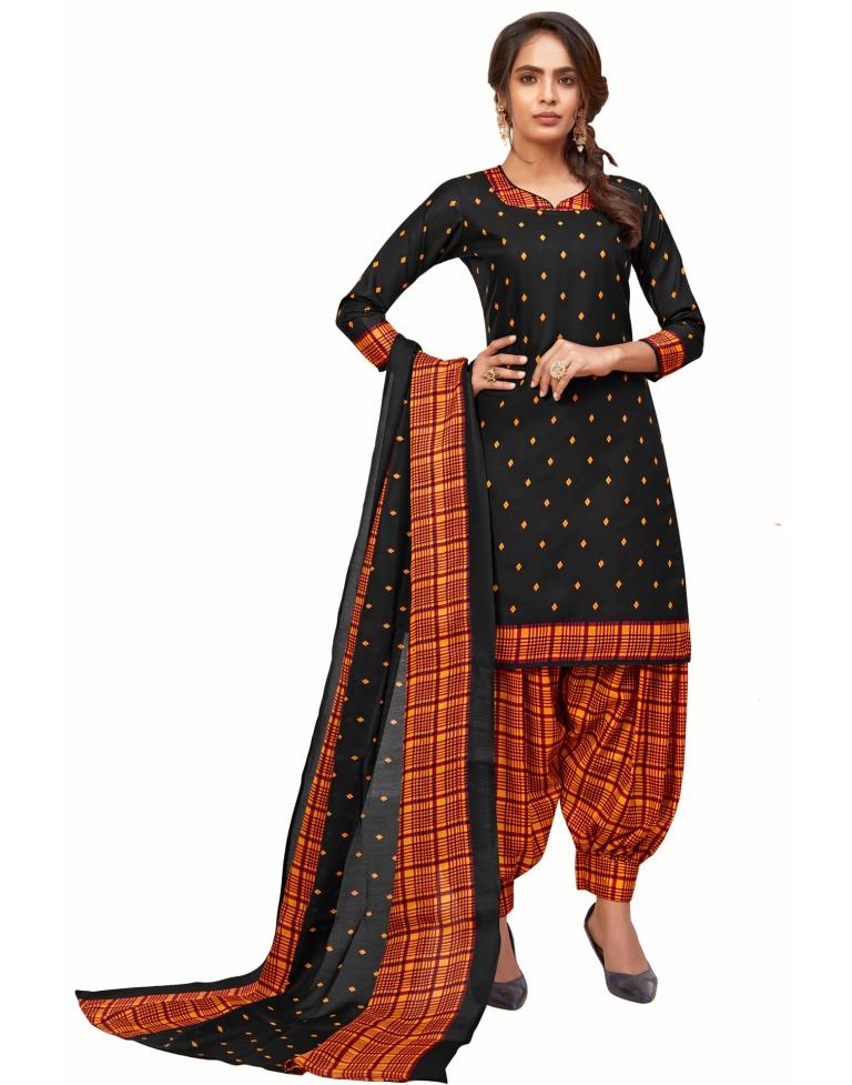 Valiant Black Cotton Printed Unstitched Salwar Suit | Sudathi