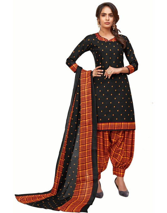 Valiant Black Cotton Printed Unstitched Salwar Suit | Sudathi