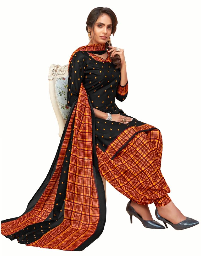 Valiant Black Cotton Printed Unstitched Salwar Suit | Sudathi