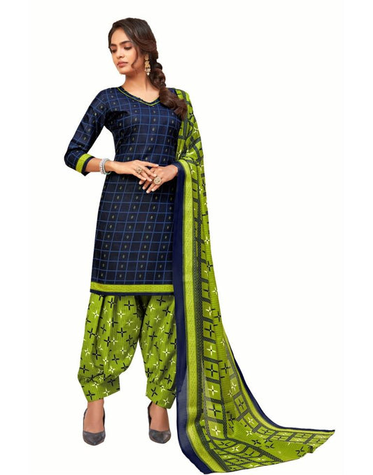 Gleaming Navy Blue Cotton Printed Unstitched Salwar Suit | Sudathi