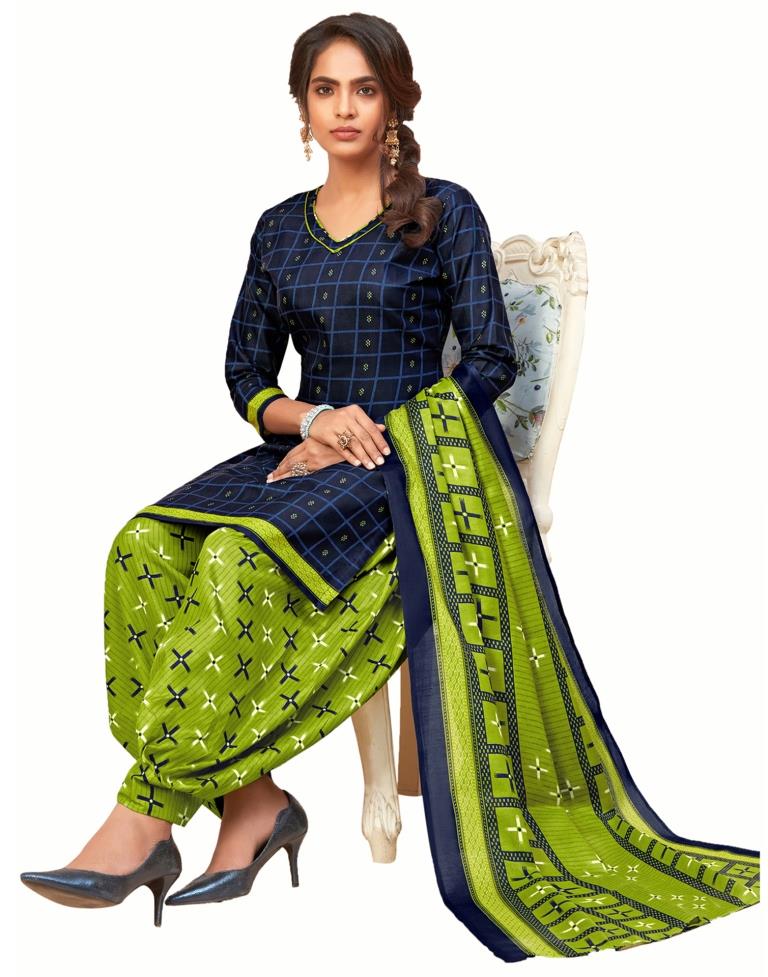 Gleaming Navy Blue Cotton Printed Unstitched Salwar Suit | Sudathi