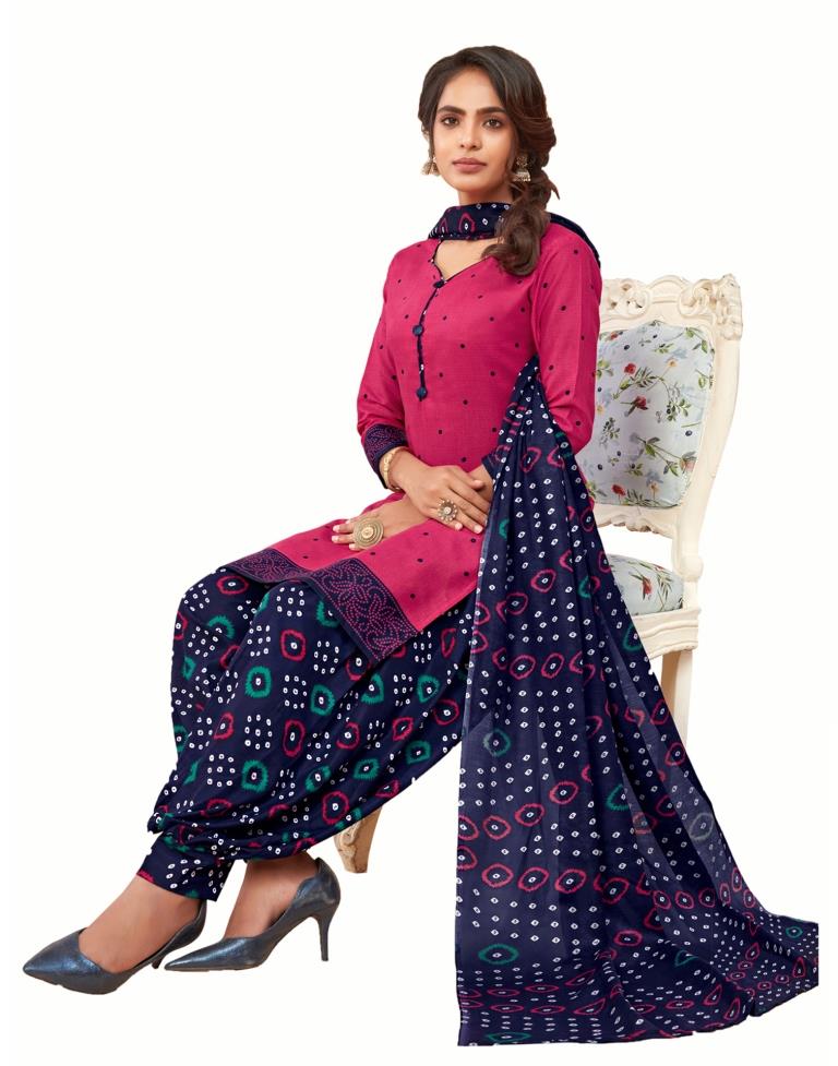 Whimsical Hot Pink Cotton Printed Unstitched Salwar Suit | Sudathi