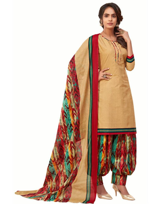 Flamboyant Beige Cotton Printed Unstitched Salwar Suit | Sudathi