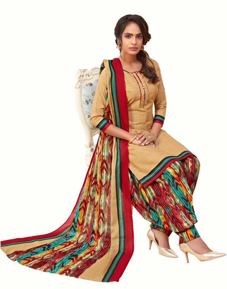 Flamboyant Beige Cotton Printed Unstitched Salwar Suit | Sudathi