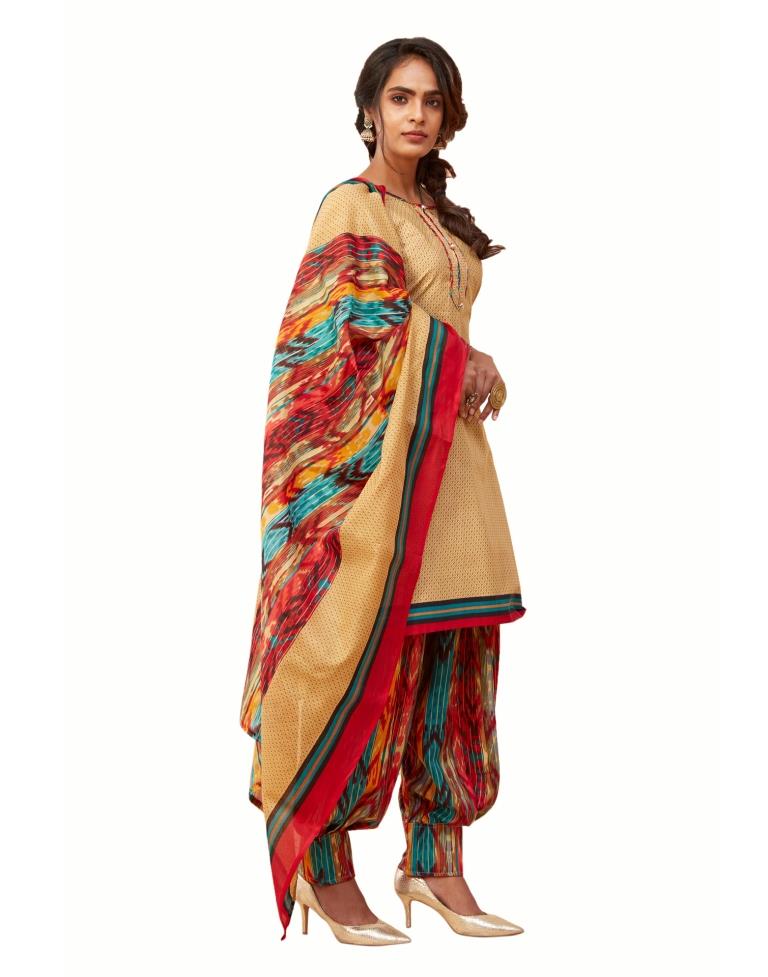 Flamboyant Beige Cotton Printed Unstitched Salwar Suit | Sudathi