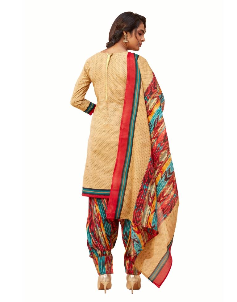 Flamboyant Beige Cotton Printed Unstitched Salwar Suit | Sudathi