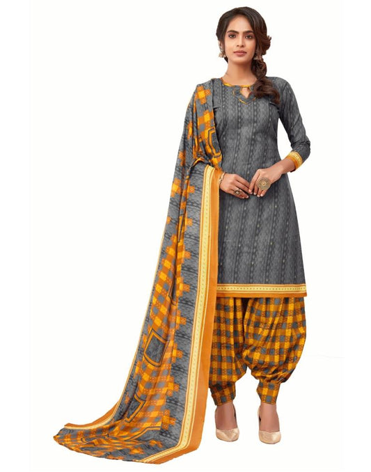 Talismanic Grey Cotton Printed Unstitched Salwar Suit | Sudathi