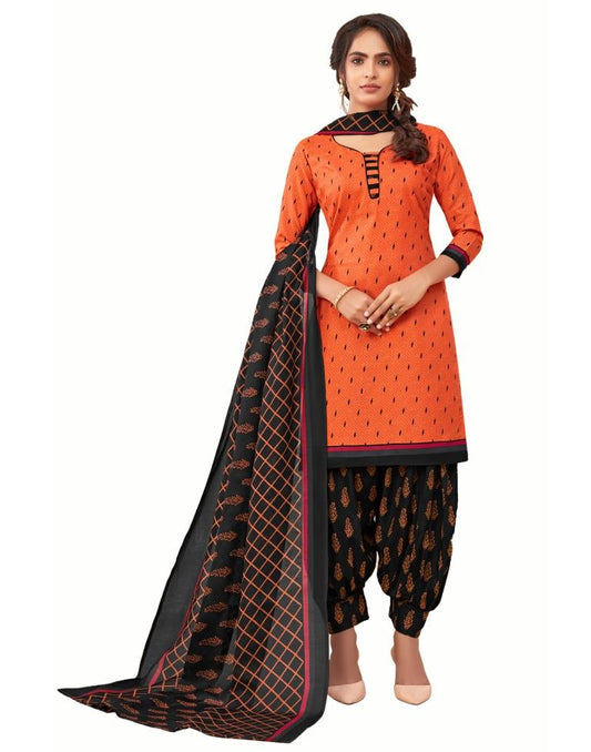 Epitome Orange Cotton Printed Unstitched Salwar Suit | Sudathi