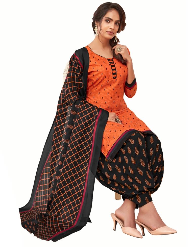 Epitome Orange Cotton Printed Unstitched Salwar Suit | Sudathi