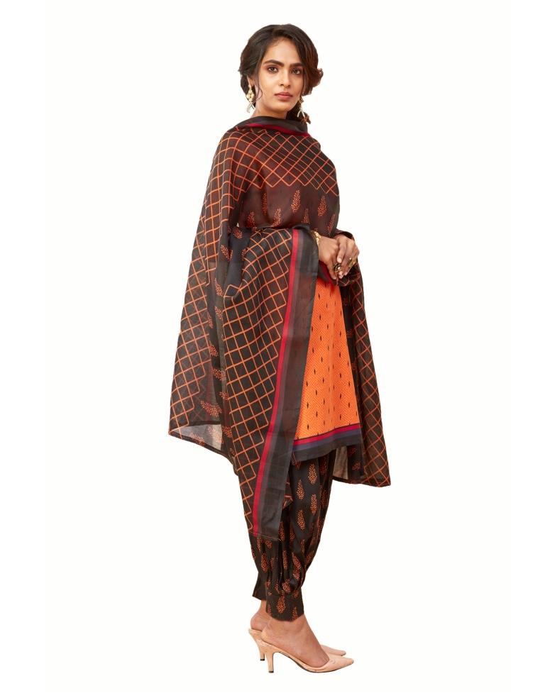 Epitome Orange Cotton Printed Unstitched Salwar Suit | Sudathi