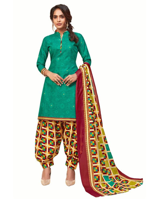 Idyiic Turquoise Green Cotton Printed Unstitched Salwar Suit | Sudathi
