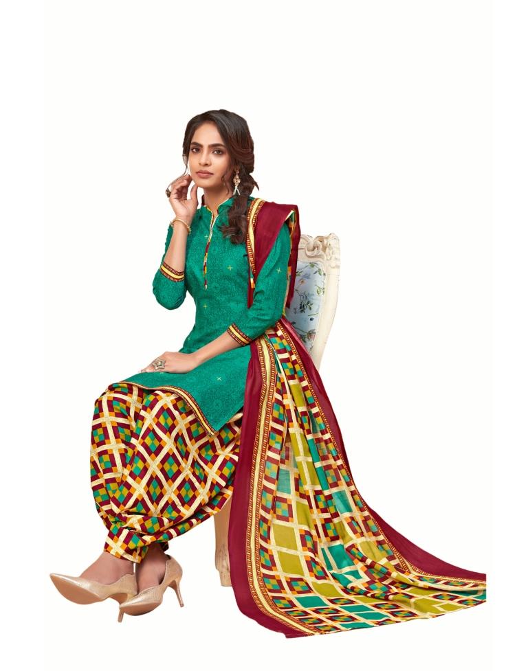 Idyiic Turquoise Green Cotton Printed Unstitched Salwar Suit | Sudathi