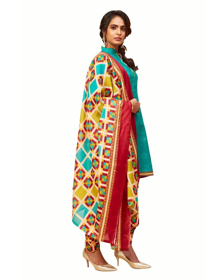 Idyiic Turquoise Green Cotton Printed Unstitched Salwar Suit | Sudathi