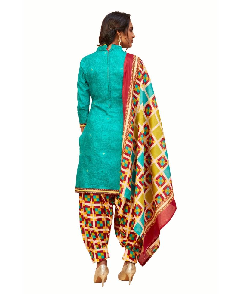 Idyiic Turquoise Green Cotton Printed Unstitched Salwar Suit | Sudathi