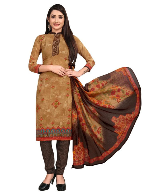 Sparkling Wood Brown Printed Unstitched Salwar Suit | Sudathi