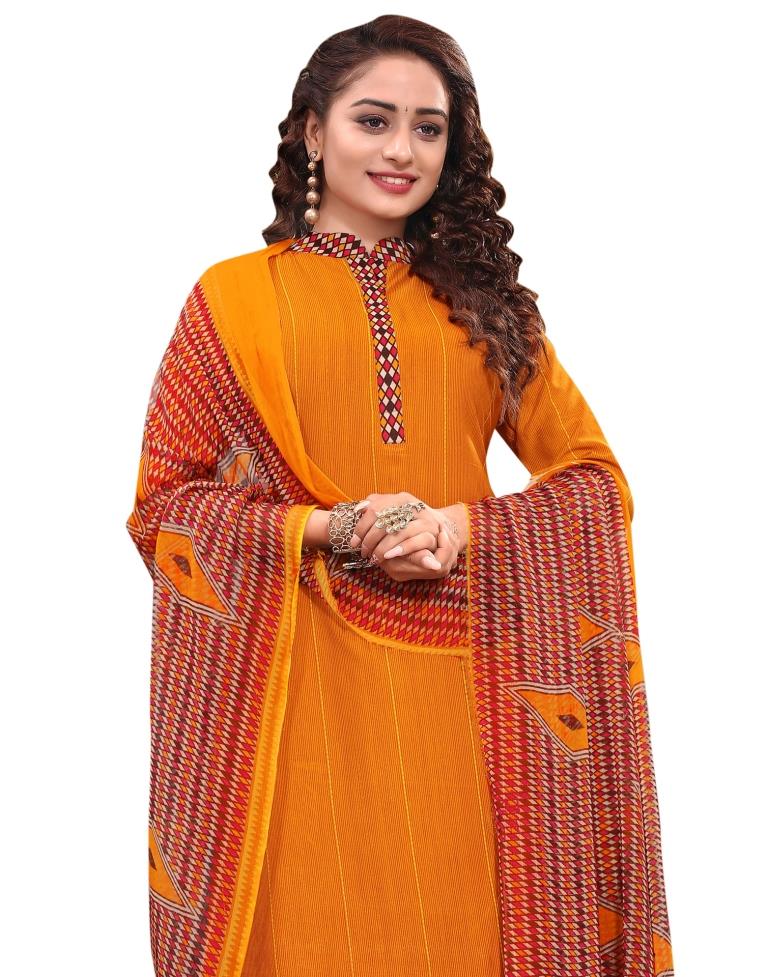 Peppy Turmeric Yellow Printed Unstitched Salwar Suit | Sudathi