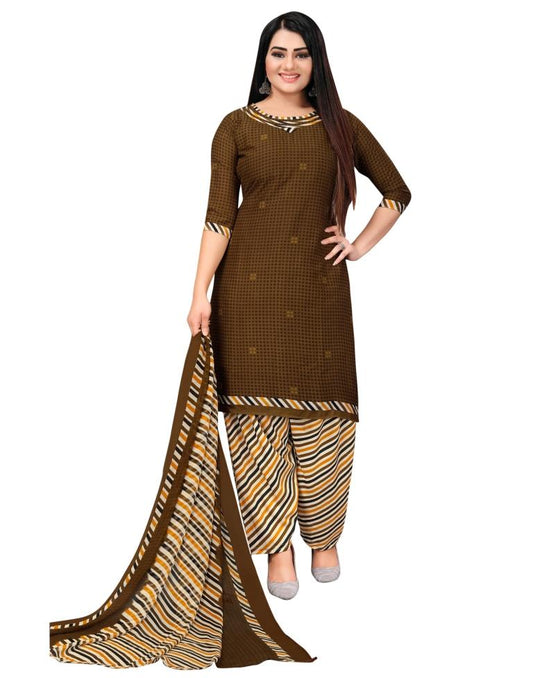 Graceful Coffee Brown Printed Unstitched Salwar Suit | Sudathi