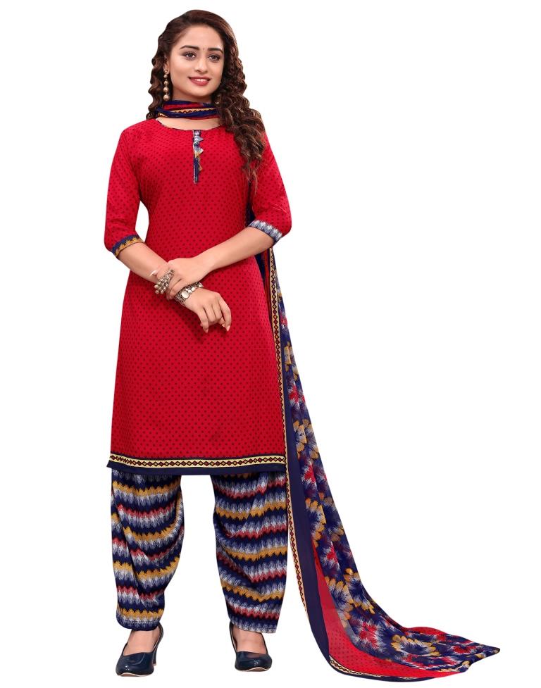 Picturesque Cherry Red Printed Unstitched Salwar Suit | Sudathi