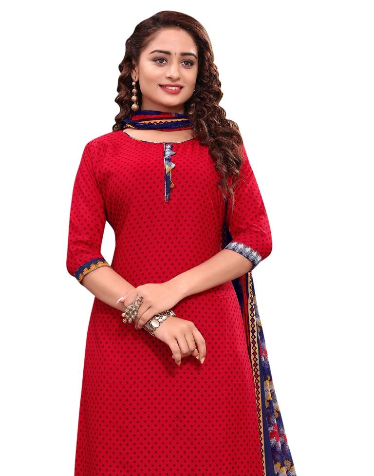 Picturesque Cherry Red Printed Unstitched Salwar Suit | Sudathi