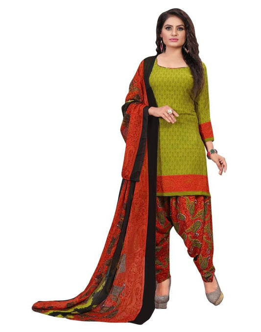 Modish Avocado Green Printed Unstitched Salwar Suit | Sudathi