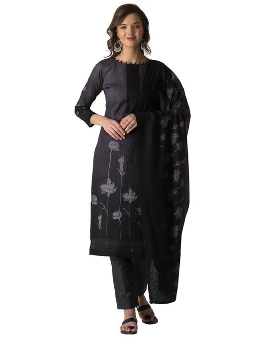 Royal Black, Grey Cotton Printed Unstitched Salwar Suit | Sudathi