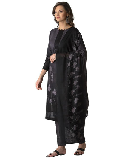 Royal Black, Grey Cotton Printed Unstitched Salwar Suit | Sudathi