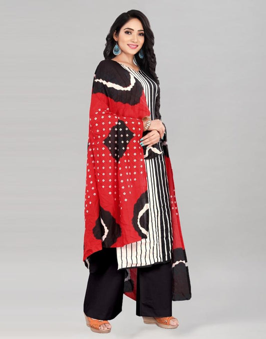 White And Black Cotton Printed Unstitched Salwar Suit | Sudathi