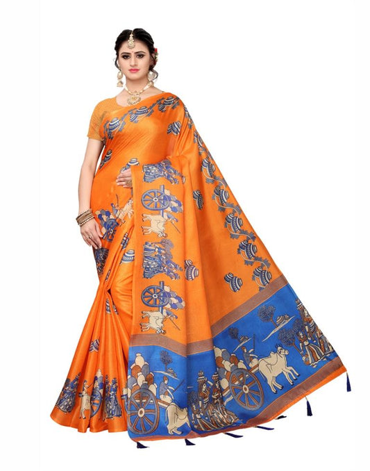 Orange Coloured Poly Silk Printed Saree | Sudathi