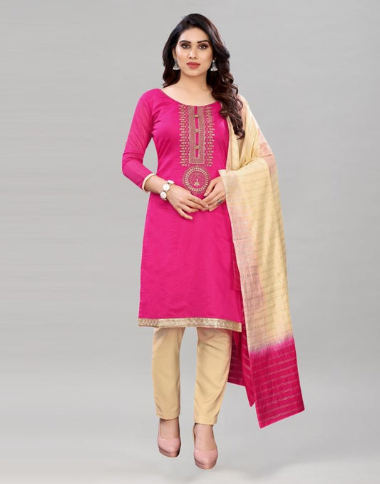 Gorgeous Pink Chanderi Silk Embroidered Unstitched Salwar Suit | Sudathi