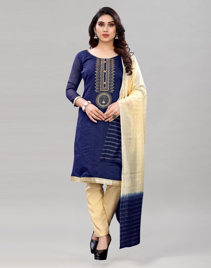 Splendiferous Navy Blue Chanderi Silk Embroidered Unstitched Salwar Suit | Sudathi