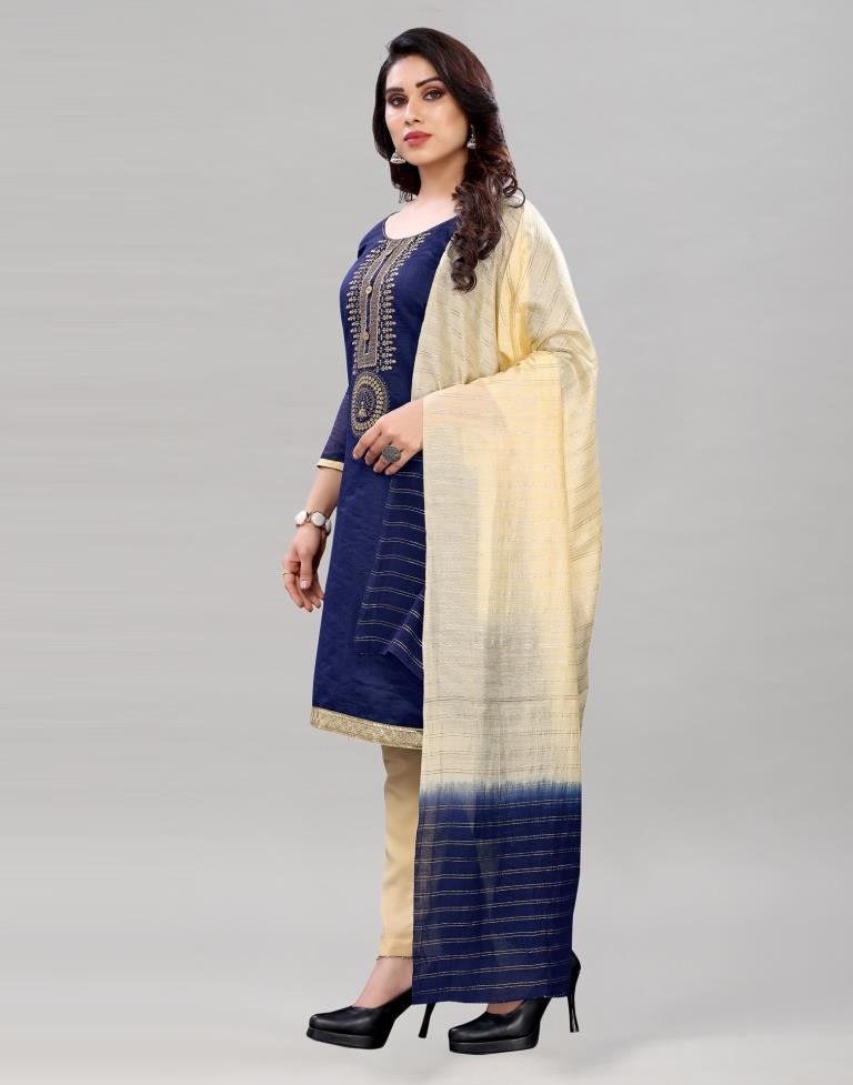 Splendiferous Navy Blue Chanderi Silk Embroidered Unstitched Salwar Suit | Sudathi