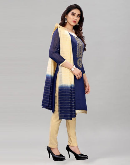 Splendiferous Navy Blue Chanderi Silk Embroidered Unstitched Salwar Suit | Sudathi