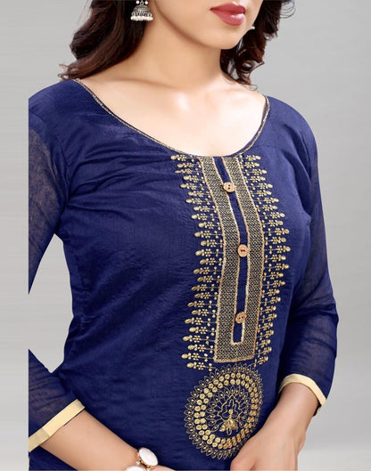 Splendiferous Navy Blue Chanderi Silk Embroidered Unstitched Salwar Suit | Sudathi