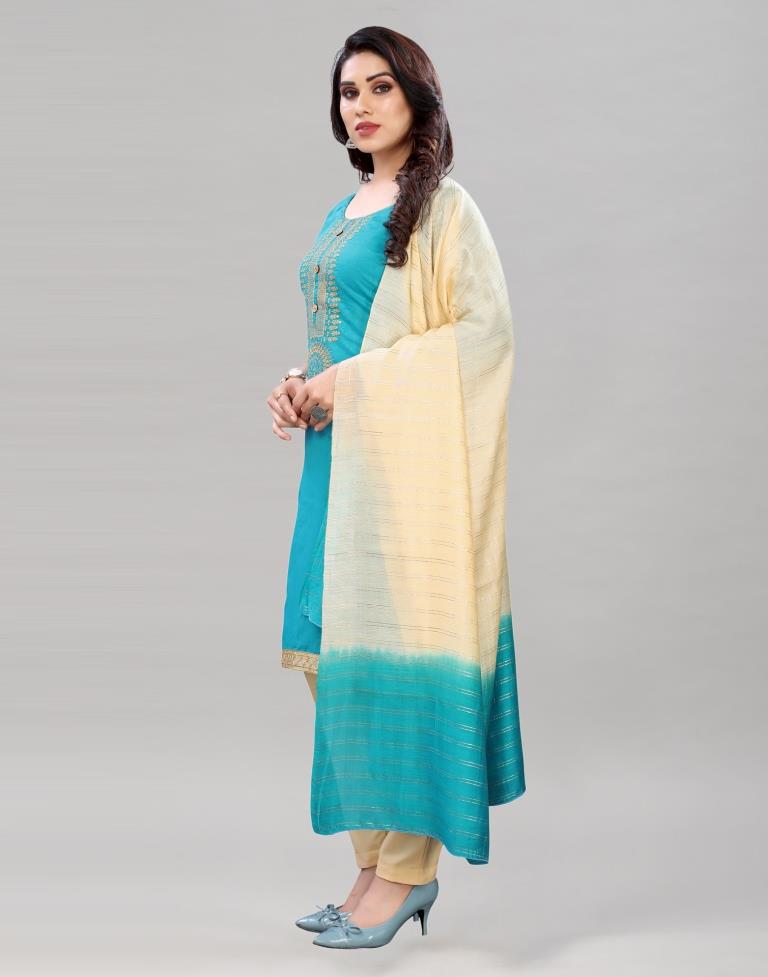 Voguish Sky Blue Chanderi Silk Embroidered Unstitched Salwar Suit | Sudathi