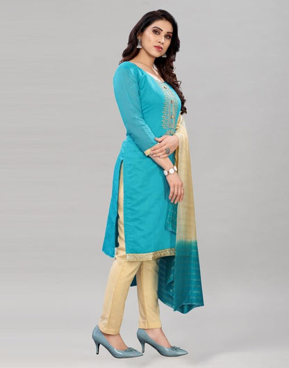 Voguish Sky Blue Chanderi Silk Embroidered Unstitched Salwar Suit | Sudathi