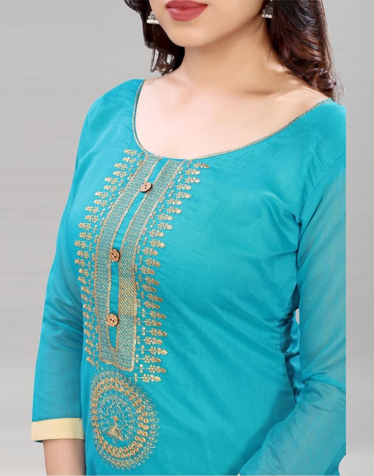 Voguish Sky Blue Chanderi Silk Embroidered Unstitched Salwar Suit | Sudathi