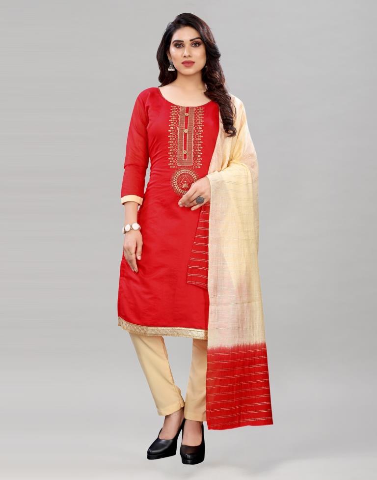 Attractive Red Chanderi Silk Embroidered Unstitched Salwar Suit | Sudathi